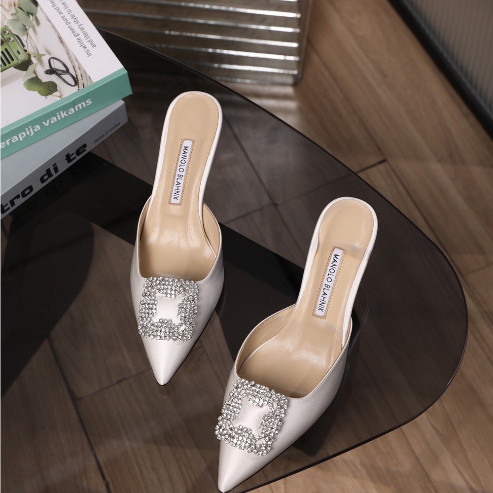 Manolo Blahnik Hangisi Mules - Ivory Satin with Crystal Buckle - Picture 4 of 6
